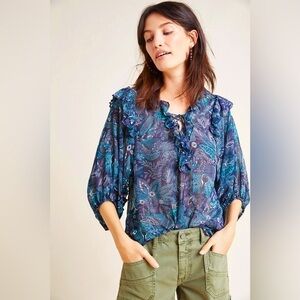 Anthropologie Sheer Floral Long Balloon Sleeve Lace Up Blue Peasant Blouse Top